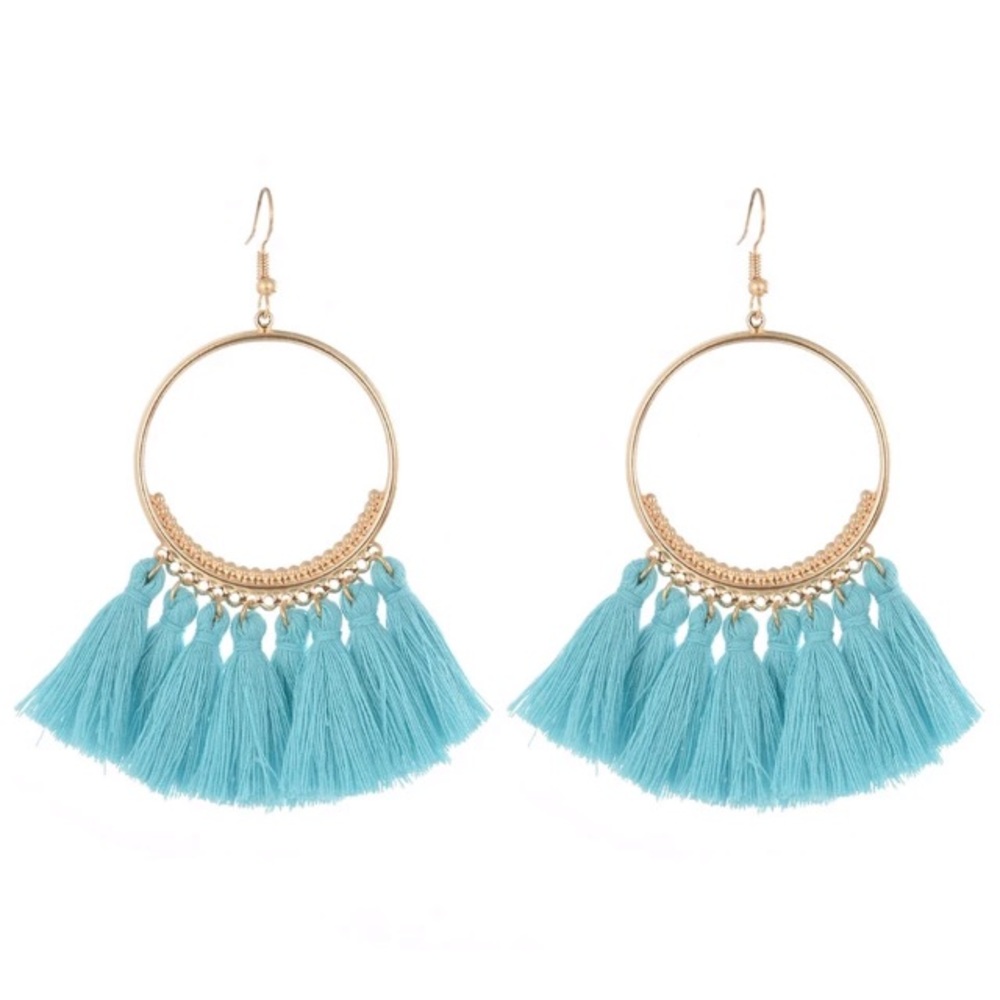 NEW!💙💎BEAUTIFUL PALE AQUA BLUE TASSEL HOOPS!💎💙 - Picture 2 of 6